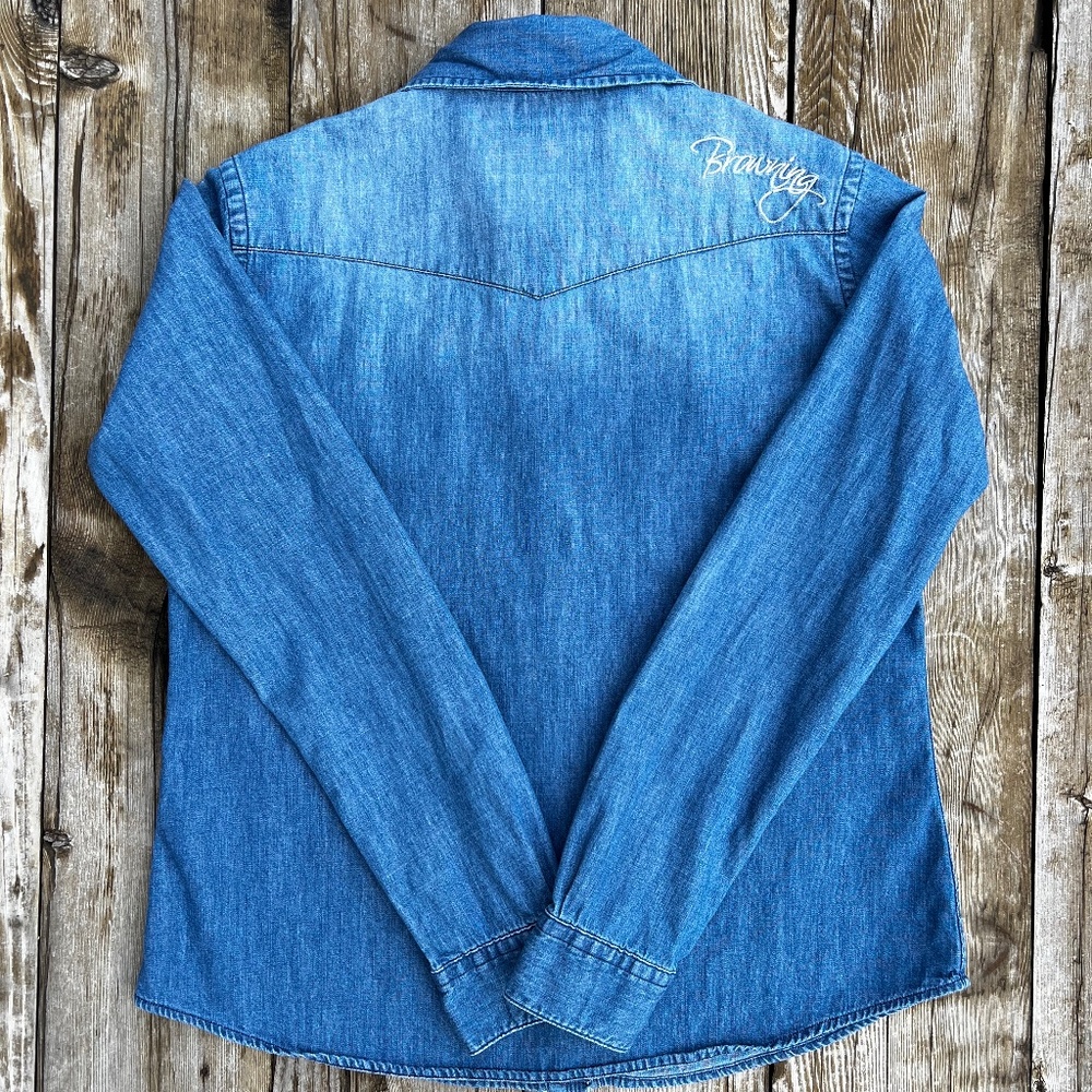 Browning Denim Shirt Authentic Pearl Snaps Embroidery Topstitching Women's M - Picture 3 of 9